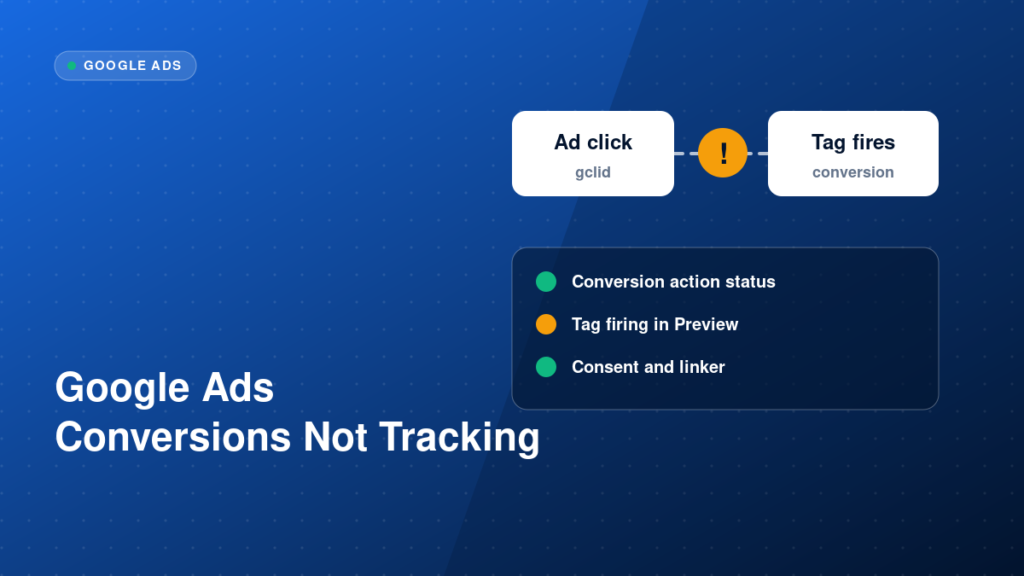 Google Ads click and conversion tag with a warning marker between them